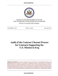 Audit of the Contract Closeout Process for Contracts Supporting the U.S. Mission in Iraq