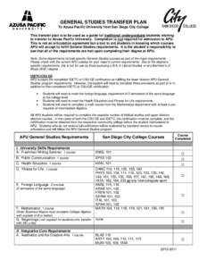 GENERAL STUDIES TRANSFER PLAN To Azusa Pacific University from San Diego City College This transfer plan is to be used as a guide for traditional undergraduate students wishing to transfer to Azusa Pacific University. Co