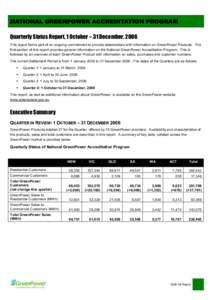 NATIONAL GREENPOWER ACCREDITATION PROGRAM Quarterly Status Report, 1 October – 31 December, 2006 This report forms part of an ongoing commitment to provide stakeholders with information on GreenPower Products. The firs