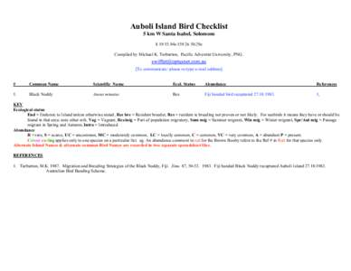 Auboli Island Bird Checklist 5 km W Santa Isabel, Solomons94s29e Compiled by Michael K. Tarburton, Pacific Adventist University, PNG. [To communicate: please re-type e-mail address] #