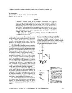 Object-OrientedProgramming, Descriptive Markup, and TEX Arthur Ogawa TEX Consultants, P.O. Box 51, Kaweah, CA[removed], U.S.A. [removed]  Abstract