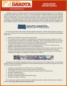 SCHOLARSHIP OPPORTUNITIES www.SelectDakota.org A significant number of scholarship opportunities exist for South Dakota high school graduates who are interested in pursuing their postsecondary career in the state. The So