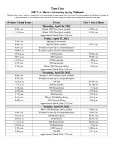 Time Line 2012 U.S. Masters Swimming Spring Nationals This Time Line is only a guide to swimmers for use in determining the approximate start of all events. We may run ahead of or behind the estimate. It is the responsib
