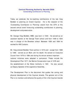 Central Planning Authority Awards 2008 Outstanding Contribution to Planning