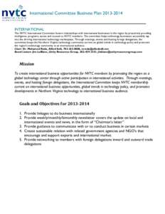 ternational I International Committee Business Plan[removed]INTERNATIONAL The NVTC International Committee fosters relationships with international businesses in the region by proactively providing intelligence, progra