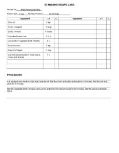 STANDARD RECIPE CARD Recipe For Black Beans and Rice  Portion Size 1 cup