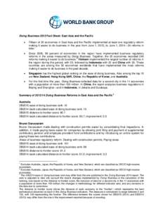 Doing Business 2015 Fact Sheet: East Asia and the Pacific • Fifteen of 25 economies in East Asia and the Pacific implemented at least one regulatory reform making it easier to do business in the year from June 1, 2013,