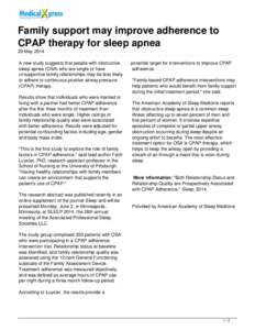 Family support may improve adherence to CPAP therapy for sleep apnea