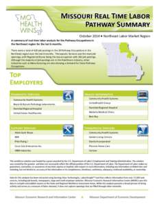 October 2014 ▪ Northeast Labor Market Region  A summary of real time labor analysis for the Pathway Occupations in the Northeast region for the last 6 months.  There were a total of 428 job postings in the 20 Pathway O