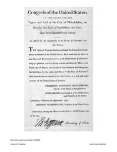 . An act for the admission of the State of Vermont into this Union. [Philadelphia: Printed by Francis Childs and John Swaine, 1791.].