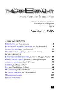 publication des étudiantes et étudiants de la maîtrise en Art dramatique département de Théâtre UQAM  Numéro 1, 1996