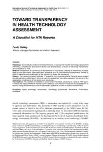 International Journal of Technology Assessment in Health Care, 19:[removed]), 1–7. c 2003 Cambridge University Press. Printed in the U.S.A. Copyright  TOWARD TRANSPARENCY IN HEALTH TECHNOLOGY