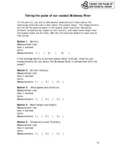 TAKING THE PULSE OF OUR COASTAL OCEAN Taking the pulse of our coastal Skidaway River *In this activity, you are to take several observations to learn about the technology scientists use to learn about the coastal ocean. 