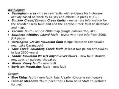 Washington
 •  Bellingham area – three new faults with evidence for Holocene activity based on work by Kelsey and others (in press at JGR). •  Boulder Creek/Canyon Creek faults – revise rate information for t