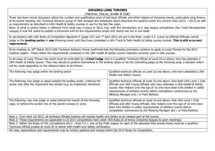 JUDGING LONG THROWS (Hammer, Discus, Javelin & Club) There has been recent discussion about the number and qualification level of technical officials and other helpers at throwing events, particularly long throws. At its