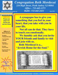 Congregation Beth Mordecai 224 High Street, Perth Amboy NJ[removed]Office[removed]Rabbi[removed]June[removed]removed]