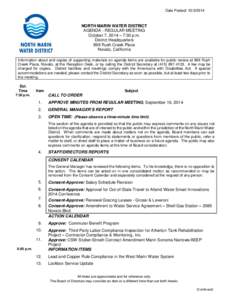 Date Posted: NORTH MARIN WATER DISTRICT AGENDA - REGULAR MEETING October 7, 2014 – 7:30 p.m. District Headquarters
