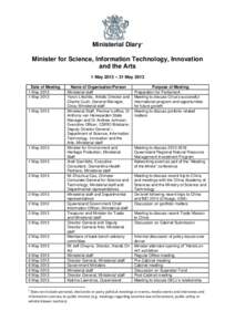 Ministerial Diary1 Minister for Science, Information Technology, Innovation and the Arts 1 May 2013 – 31 May 2013 Date of Meeting 1 May 2013