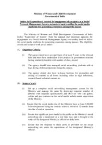 Ministry of Women and Child Development Government of India Notice for Expression of Interest for engagement of an agency as a Social Network Management Agency on turnkey basis to utilize the social media platforms for g