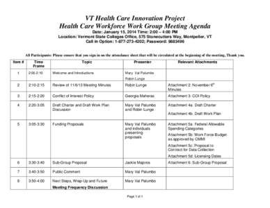VT Health Care Innovation Project Health Care Workforce Work Group Meeting Agenda Date: January 15, 2014 Time: 2:00 – 4:00 PM Location: Vermont State Colleges Office, 575 Stonecutters Way, Montpelier, VT Call in Option
