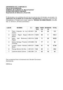 UNIVERSIDAD DE LA REPUBLICA FACULTAD DE MEDICINA HOSPITAL DE CLINICAS “Dr. Manuel Quíntela” DIVISIÓN RECURSOS HUMANOS Departamento de Selección y Desarrollo En Montevideo a los veintidos días del mes de junio de 