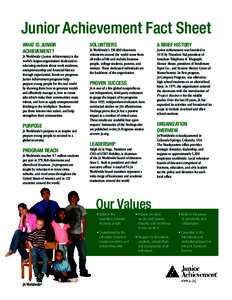 Junior Achievement Fact Sheet WHAT IS JUNIOR ACHIEVEMENT? JA Worldwide ( Junior Achievement) is the world’s largest organization dedicated to