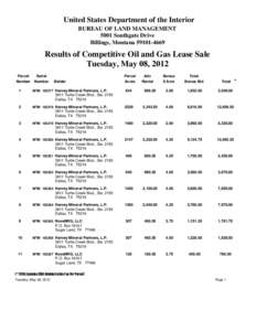 United States Department of the Interior BUREAU OF LAND MANAGEMENT 5001 Southgate Drive Billings, Montana[removed]Results of Competitive Oil and Gas Lease Sale