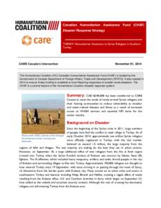 Canadian Humanitarian Assistance Fund (CHAF) Disaster Response Strategy TURKEY: Humanitarian Assistance to Syrian Refugees in Southern Turkey