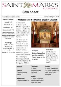 Pew Sheet Sunday 29th June 2014 Second Sunday after Trinity Today’s Hymns: Introit: 747