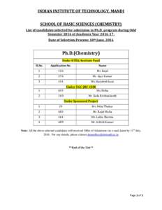 INDIAN INSTITUTE OF TECHNOLOGY, MANDI SCHOOL OF BASIC SCIENCES (CHEMISTRY) List of candidates selected for admission in Ph.D. program during Odd Semester 2016 of Academic YearDate of Selection Process: 10th Jun