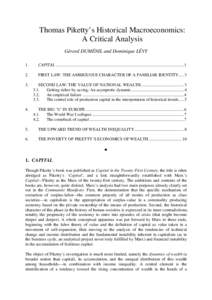 Thomas Piketty’s Historical Macroeconomics: A Critical Analysis Gérard DUMÉNIL and Dominique LÉVY 1.  CAPITAL .........................................................................................................