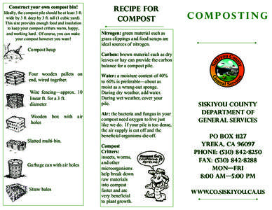 Construct your own compost bin! Ideally, the compost pile should be at least 3 ft. wide by 3 ft. deep by 3 ft. tall (1 cubic yard). This size provides enough food and insulation to keep your compost critters warm, happy,