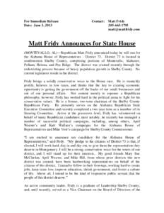 For Immediate Release Date: June 3, 2013 Contact:  Matt Fridy