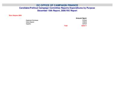 DC OFFICE OF CAMPAIGN FINANCE Candidate/Political Campaign Committee Reports Expenditures by Purpose December 10th Report, 2006 R/E Report Elect Steptoe[removed]Amount Spent