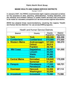 Public Health Work Group  MAINE HEALTH AND HUMAN SERVICE DISTRICTS Revised[removed]In January 2007, the PHWG recommended eight regions composed as below