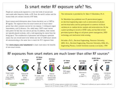 Is smart meter RF exposure safe? Yes. People are continuously exposed to a very low levels of natural and man-made radio frequency fields, or RF. Even the earth’s surface and the human body are constant sources of RF f