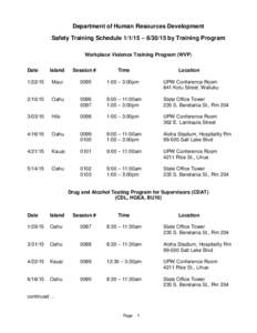 Department of Human Resources Development Safety Training Schedule[removed] – [removed]by Training Program Workplace Violence Training Program (WVP) Date  Island