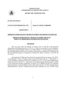 Order On Complainant's Motion In Limine And Motion To Expunge, Order On Respondent's Motion To Strike The EPA's Rebuttal Prehearing Information Exchange