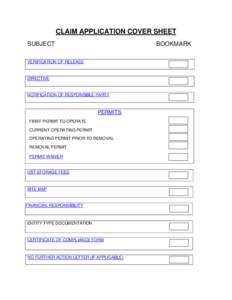 CLAIM APPLICATION COVER SHEET SUBJECT BOOKMARK  VERIFICATION OF RELEASE