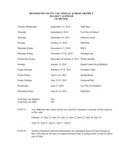 MONMOUTH COUNTY VOCATIONAL SCHOOL DISTRICTCALENDAR (10 MONTH) Tuesday-Wednesday  September 2-3, 2014