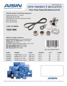 July 01, 2013 v.01  NEW PRODUCT BULLETIN Water Pump Timing Belt Replacement Kit AISIN kit includes the following components: •AISIN Water Pump W/ Gaskets