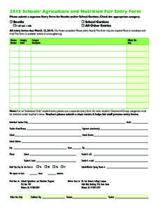 2015 Schools’ Agriculture and Nutrition Fair Entry Form Please submit a separate Entry Form for Booths and/or School Gardens. Check the appropriate category.  Booths 		  School Gardens 	  I will need a table		