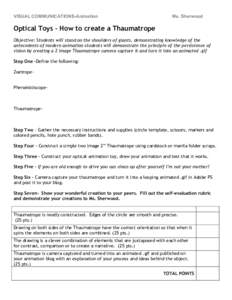 VISUAL COMMUNICATIONS-Animation  Ms. Sherwood Optical Toys – How to create a Thaumatrope Objective: Students will stand on the shoulders of giants, demonstrating knowledge of the