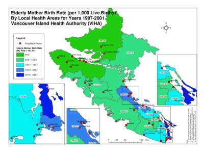 Elderly Mother Birth Rate (per 1,000 Live Births) By Local Health Areas for Years[removed]Vancouver Island Health Authority (VIHA) Legend LHA-085