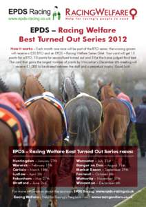 EPDS – Racing Welfare Best Turned Out Series 2012 How it works – Each month one race will be part of the BTO series, the winning groom will receive a £50 BTO and an EPDS – Racing Welfare Series Gilet. Your yard wi