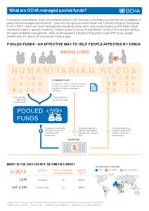 What are OCHA-managed pooled funds? Following a humanitarian crisis, humanitarian actors in the field can immediately provide life-saving assistance using OCHA-managed pooled funds. There are two types of pooled funds: t
