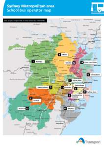 Sydney Metropolitan area map showing the school bus operators for each region.  Sydney Metropolitan area School bus operator map  For detailed information please contact Transport Info services on[removed]or our TTY numb