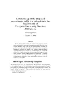 Comments upon the proposed amendments to UK law to implement the requirements of European Community Directive[removed]EC Chris Lightfoot∗