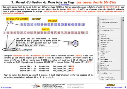 3. Manuel d’utilisation du Menu Mise en Page: Les barres d’outils DN (Fin) © Christian REB Ces outils permettent de choisir le DN par défaut de type ACIER ou PVC en association avec la Palette d’outils 10-DN_PVC-