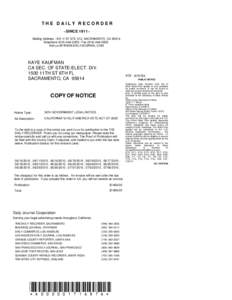 THE DAILY RECORDER ~SINCE 1911~ Mailing Address : 901 H ST STE 312, SACRAMENTO, CA[removed]Telephone[removed] / Fax[removed]Visit us @ WWW.DAILYJOURNAL.COM